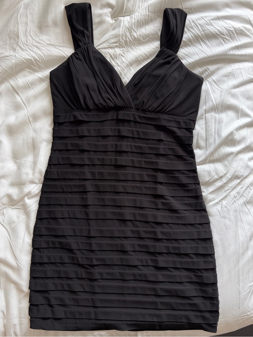 Black Pleated Ruched V-Neck Mini Dress